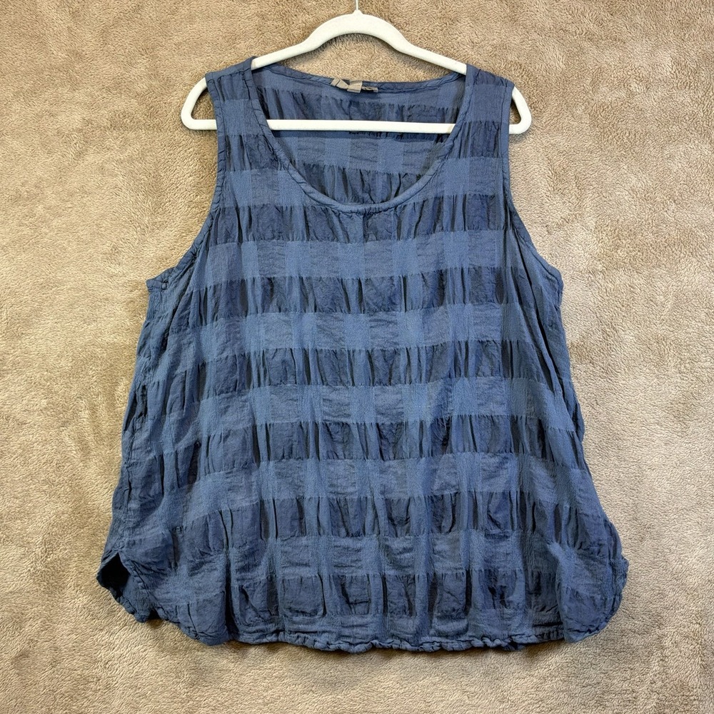 FLAX‎ Tank Top Size M Linen Cotton Ruched Sleeveless Lagenlook Blue EUC